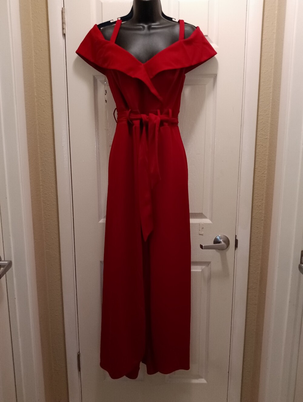Shelby & Palmer Red Off-Shoulder Belted Wide Open Leg Maxi Jumpsuit